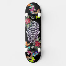 SKATEBOARD NOIR FLEURS ET BUTTERFLIS