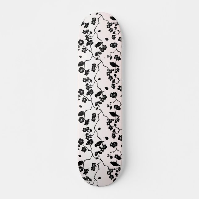 Skateboard Noir sur les oiseaux Motifs roses et fleurs de cer (Devant)