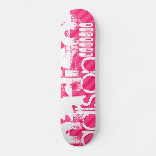 Skateboard Nom blanc personnalisé Motif sur bandes roses chau (Recto)