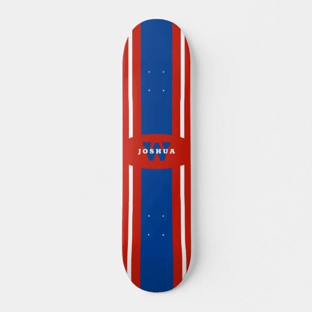 Skateboard Nom blanc rouge de rayures bleues (Devant)