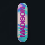 Skateboard Nom de la planche à roulettes personnalisée Rétro<br><div class="desc">Personnalisez facilement ce Skateboard coloré Personnalisé Nom Retro 90 Vaporwave design abstrait avec des teintes arc-en-ciel bleu, rose et jaune et violet violet et cool sans serif police. Ajoutez votre nom, choisissez la police, changez la taille et la position, ajoutez du clipart, des photos et des formes. Simple et beau,...</div>