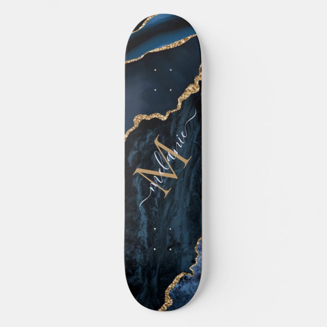 Skateboard Nom du monogramme Agate Marine Bleu Gold Gemstone  (Recto)