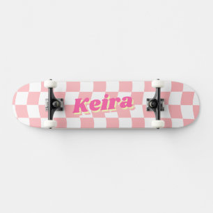 Skateboard Nom Girly Pink Motif Checker blanc