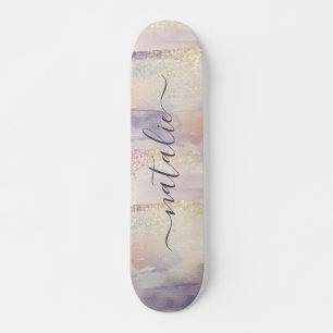 Skateboard Nom initial de la parties scintillant rose pourpre