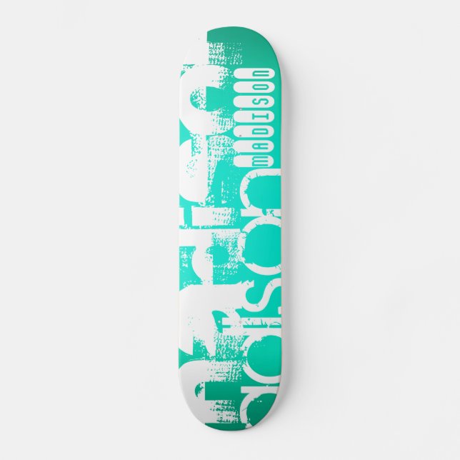 Skateboard Nom personnalisé, blanc et néon Aqua Turquoise (Recto)