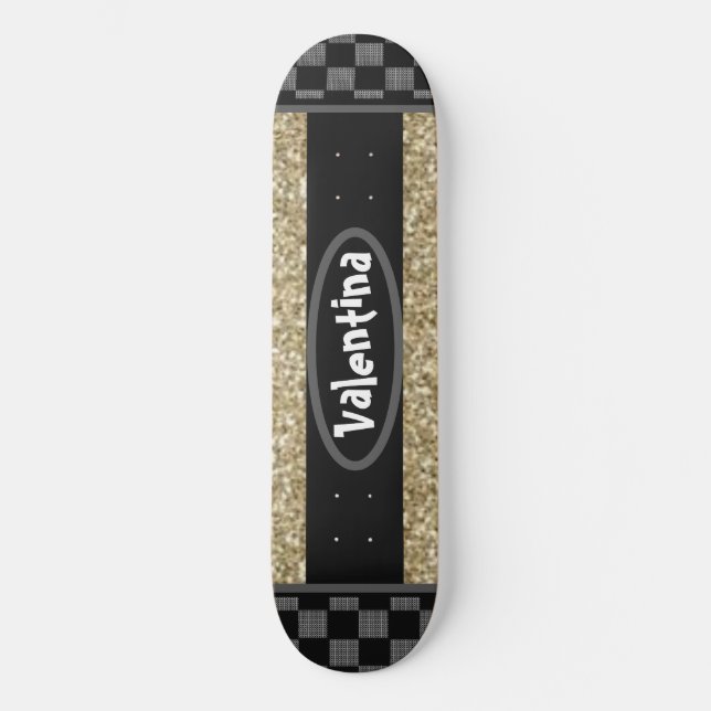 Skateboard Nom personnalisé Chessboard Stylish Gold Glittery (Recto)