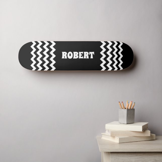 Skateboard Nom personnalisé noir et blanc moderne (Art mural (Horz))