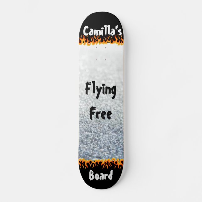 Skateboard Nom personnalisé unique Argent et Flammes (Recto)