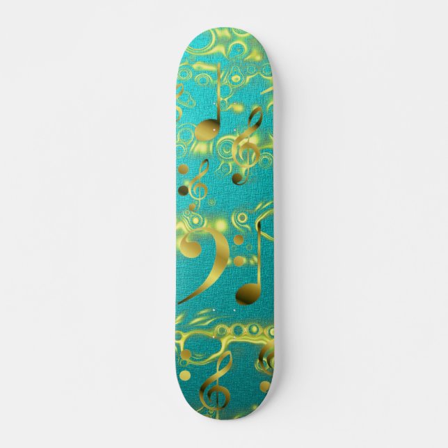 Skateboard notes de musique dorée en menthe (Devant)