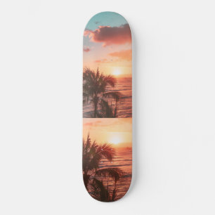 Skateboard Océan Soleil couchant Palmier Arbre nuages orange 