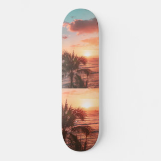 Skateboard Océan Soleil couchant Palmier Arbre nuages orange 