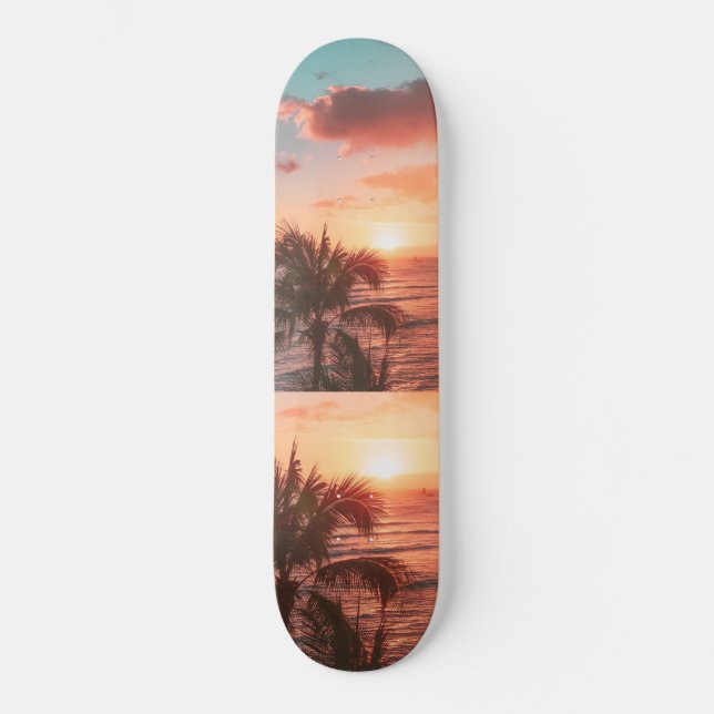 Skateboard Océan Soleil couchant Palmier Arbre nuages orange  (Recto)