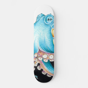 Skateboard Octopus Bleu Sur Encre Blanche
