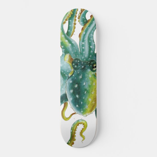 Skateboard Octopus Green Tentacles Aquarelle Art (Recto)