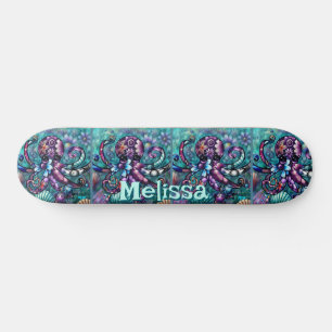 Skateboard Octopus lunaire Turquoise floral côtier Personnali