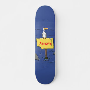 Skateboard Oiseau de mer amusant entouré de dessins animés de