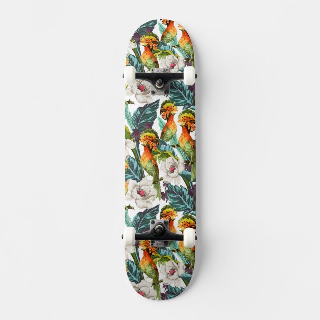 Skateboard Oiseau et motif de fleur exotique (Recto)