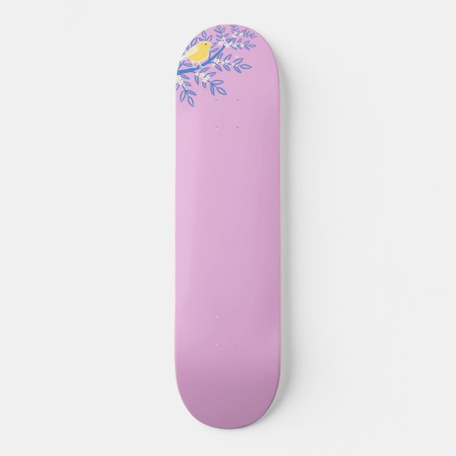 Skateboard Oiseau jaune illustré sur un Arrière - plan rose (Recto)