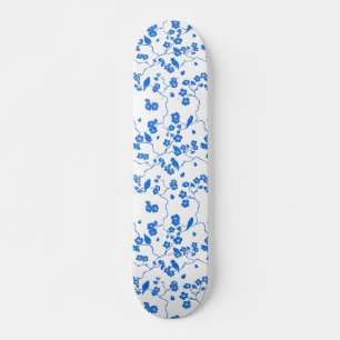 Skateboard Oiseaux en fleurs de cerisiers Bleu Imprimer