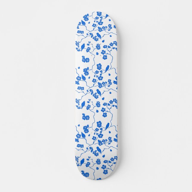 Skateboard Oiseaux en fleurs de cerisiers Bleu Imprimer (Devant)