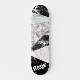 Skateboard Or rose géométrique noir marbre blanc rose