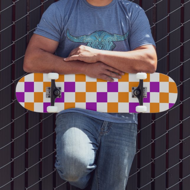Skateboard Orange White Purple Checkered Pattern Design  (Extérieur 3)
