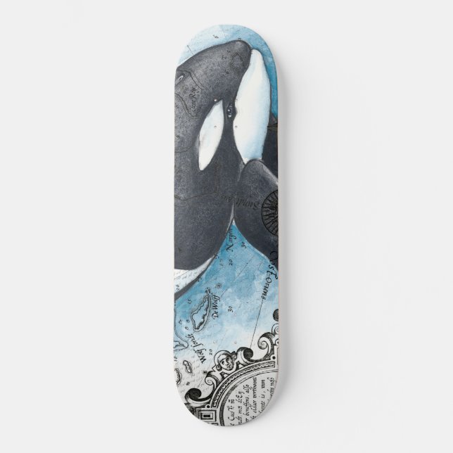 Skateboard Orca Baleine Bleu Aquarelle Carte Nautique (Recto)