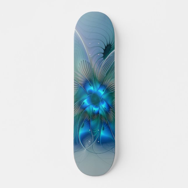 Skateboard Ovations debout, fractale abstraite bleu turquoise (Devant)
