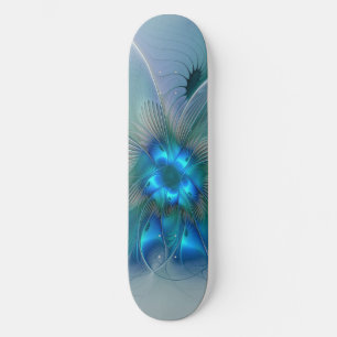 Skateboard Ovations debout, fractale abstraite bleu turquoise