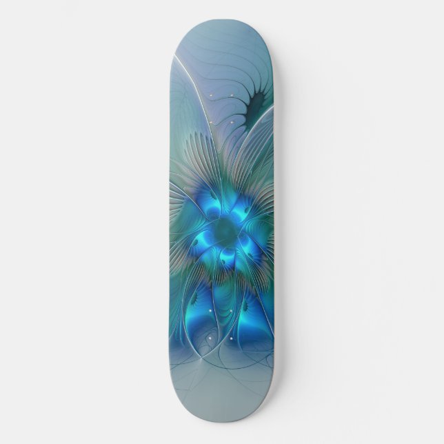 Skateboard Ovations debout, fractale abstraite bleu turquoise (Recto)