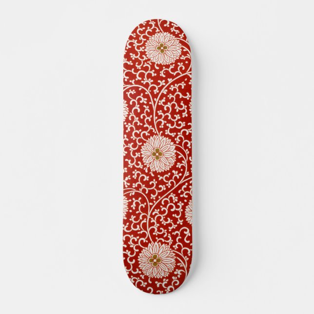 Skateboard Owen Jones Ornement Chinois Fleurs Rouges et Blanc (Devant)