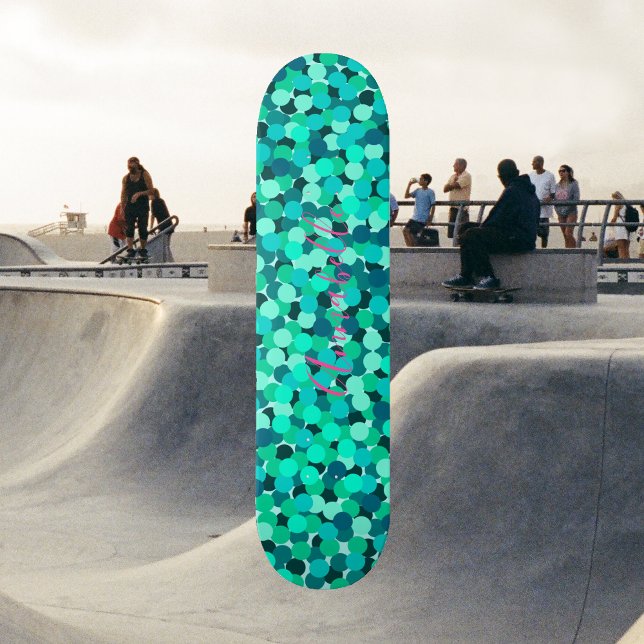 Skateboard Paillettes de Teal Super Star Mignon (Teal Blue Sea Dotted Pattern - Glitter Magic - Custom Name - Modern Girly )