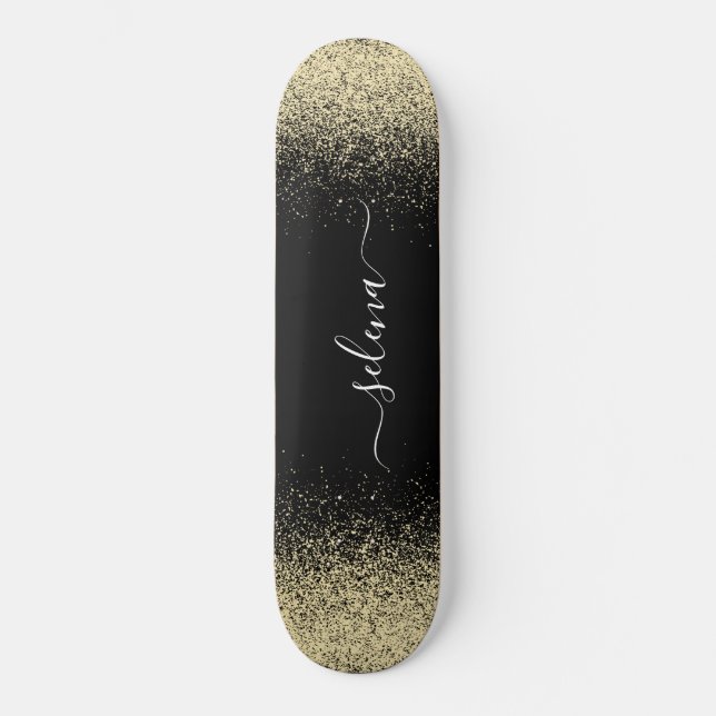 Skateboard Paillettes d'or noir Girly Monogramme (Recto)