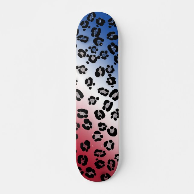 Skateboard Paillettes Rouge Blanc et Bleu Imprimé Léopard (Devant)