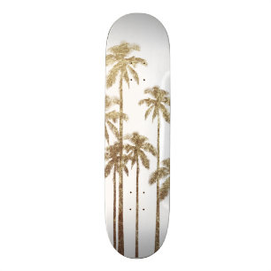 Skateboard Palmiers tropicaux en or glamour sur blanc