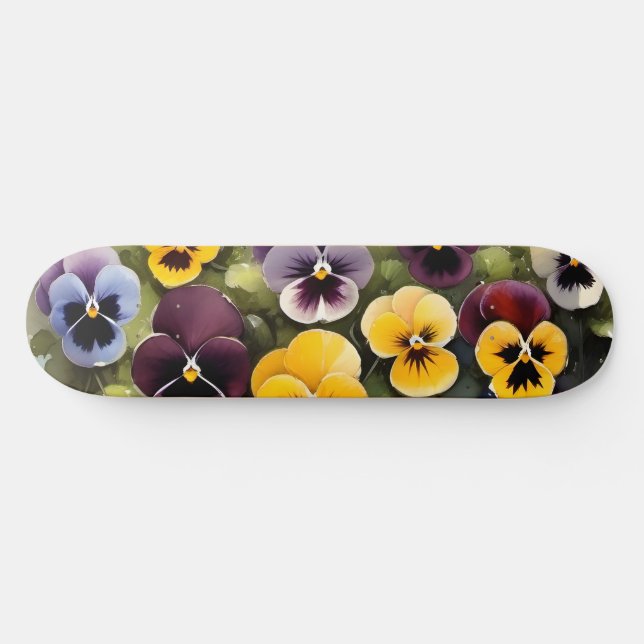 Skateboard Pansies jaunes et violets aquarelle (Horz)