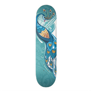 Skateboard Paon sur l'illustration turquoise