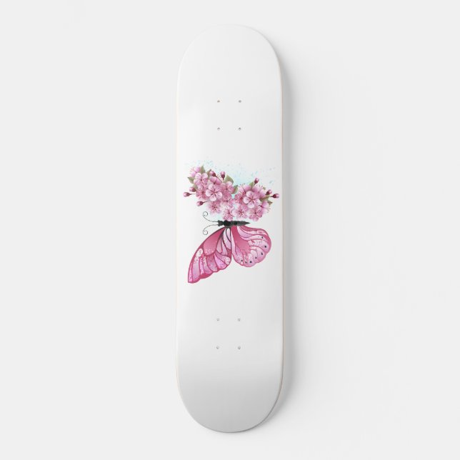 Skateboard Papillon à fleurs avec Sakura rose (Recto)