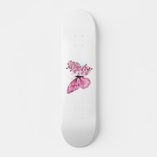 Skateboard Papillon à fleurs avec Sakura rose (Devant)