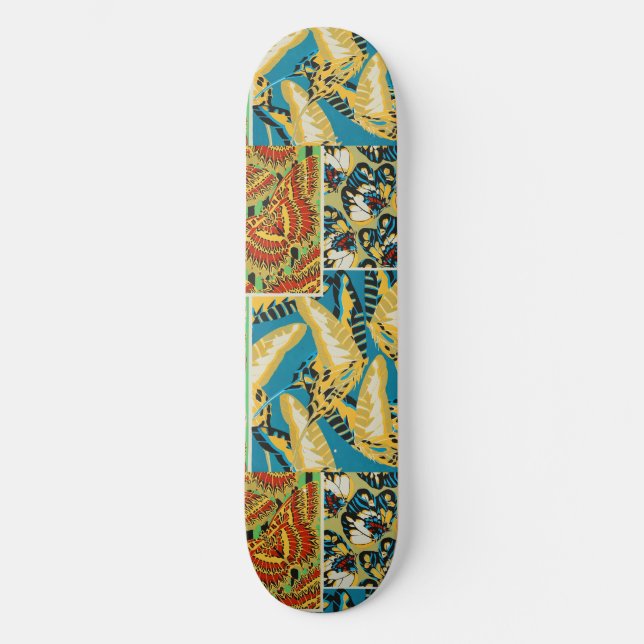 Skateboard Papillon Art Déco Jaune et Turquoise Vibrants (Recto)
