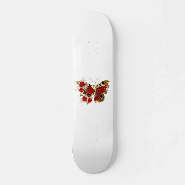 Skateboard Papillon de fleurs rouges aux roses rouges (Devant)