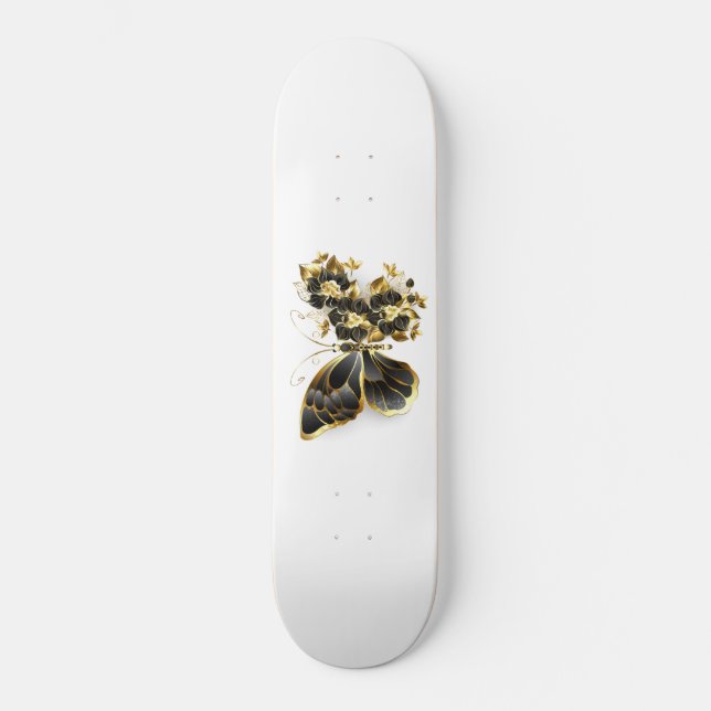 Skateboard Papillon fleur d'or avec orchidée noire (Recto)