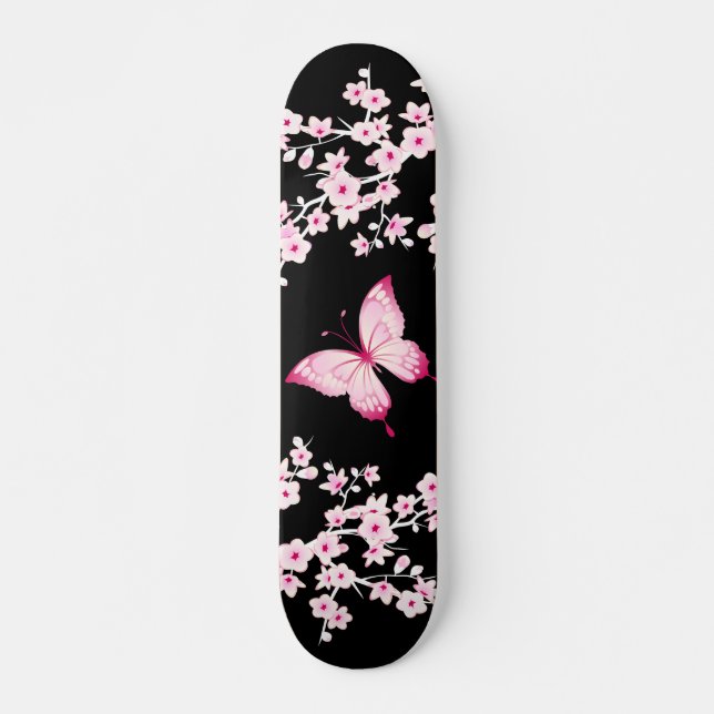 Skateboard Papillon Noir Rose Et Fleurs De Cerisiers (Devant)