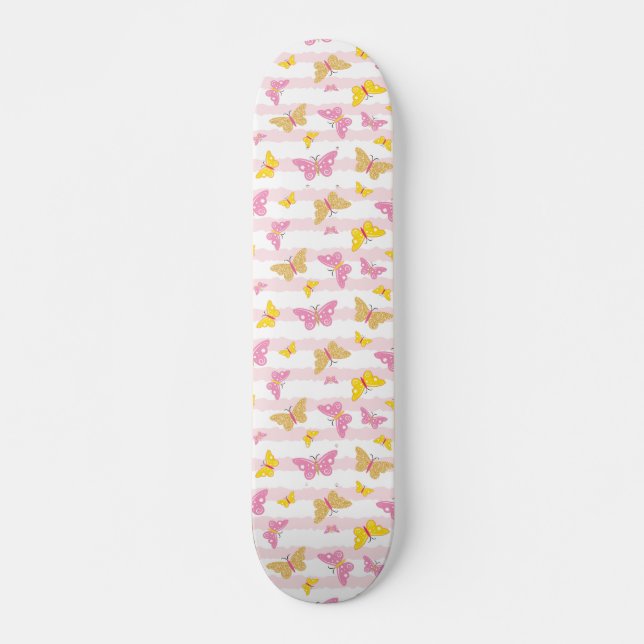 Skateboard Papillon rose et or (Devant)