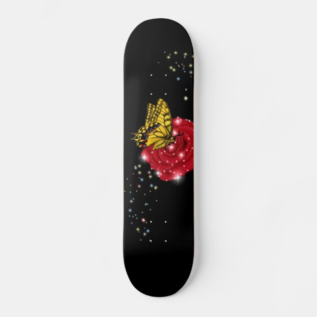 Skateboard Papillon sur rose rouge avec astérisques pluie gou (Recto)