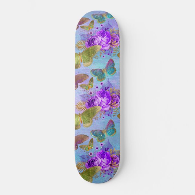 Skateboard Papillon Vert Motif Jardin Rose Pourpre (Recto)