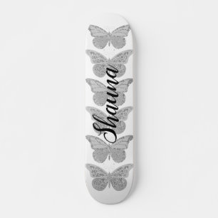 Skateboard Papillons Argent Gris Éperche Personnalisée