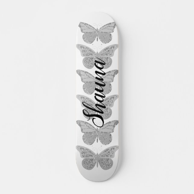 Skateboard Papillons Argent Gris Éperche Personnalisée (Devant)