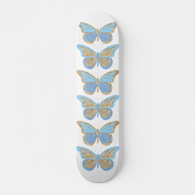 Skateboard Papillons Bleu Or Étincelle (Devant)