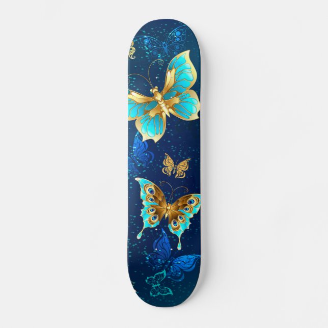 Skateboard Papillons d'or sur un Arrière - plan bleu (Recto)